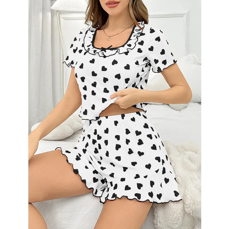 Women's New Pajamas with Love Print Set Summer Sweet Square Neck Short Sleeved Shorts Home Clothes T-Shirt Hot Selling Item
