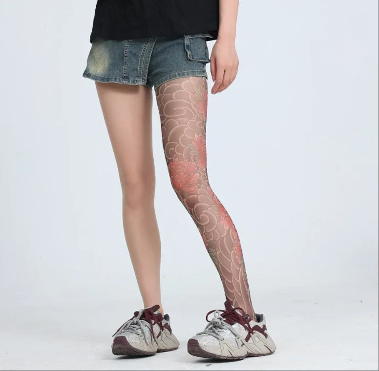 Peony Flower Leg Tattoo Stockings Summer Thin Pantyhose Long Socks With Patterns On One Side And Solid Color On The Other NTNG