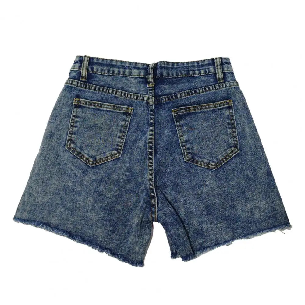 Summer Women Shorts High Waist Washed Retro Distressed Ripped Edge Butt-lifted Slim Fit Pockets Casual Club Party Short Pants