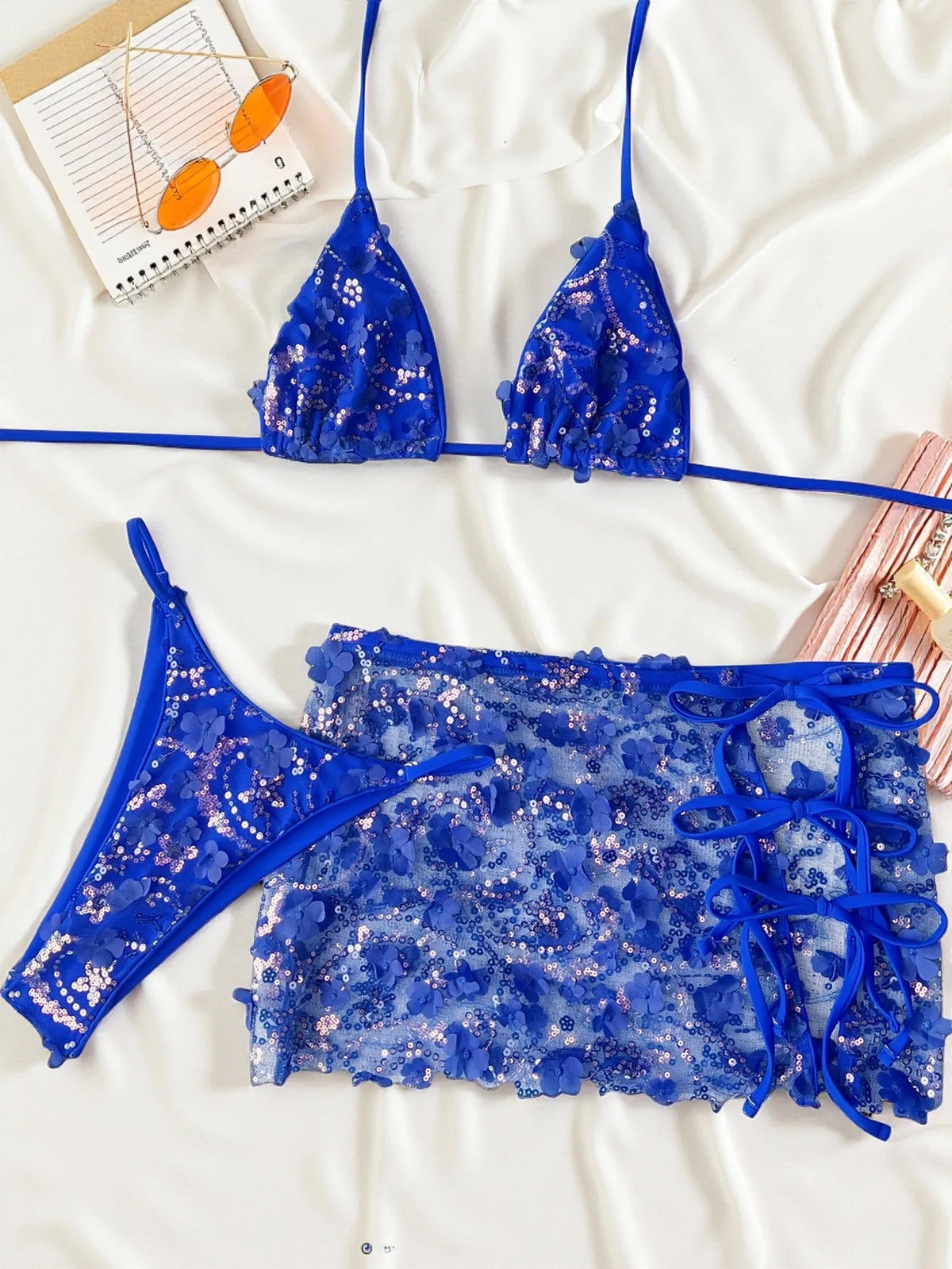 Sexy Shiny Sequin Blue White Bikini Set Women 3D Mesh Flower Cover Up 3 Piece Thong Swimsuit Beach Holiday Bathing Suit Swimwear