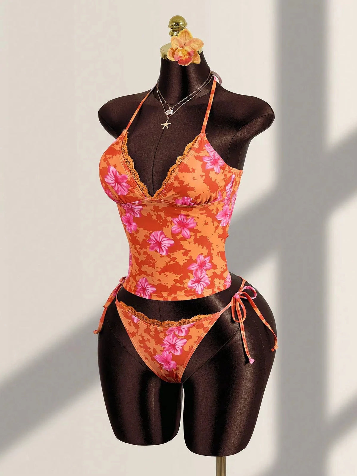 DEKA Women Strapped Print Swimwears Lace-up Bikini Set Halter V Neck Front Tie Cami Top Swim Lady Bathing Suit