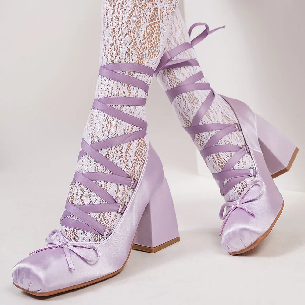 Big Size 43 Sweet Purple Mary Janes Pumps Ribbon Tied Satin 9cm Block High Heels Ballet Shoes Women White Party Wedding Shoes