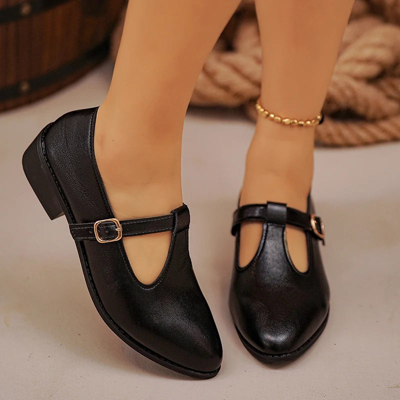 Fashion T Strap Pointed Toe Oxford Shoes Women Ankle Buckle Low Heel Pu Leather Shoes Woman Plus Size 43 Thick Sole Office Shoes