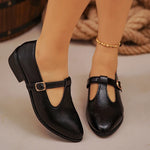Fashion T Strap Pointed Toe Oxford Shoes Women Ankle Buckle Low Heel Pu Leather Shoes Woman Plus Size 43 Thick Sole Office Shoes
