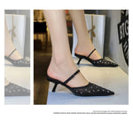 BIGTREE Crystal Mesh Fabric Pointed Toe Slippers Women Sexy Elegant Buckle Strap Party Prom Thin Low Heels Mule Shoes