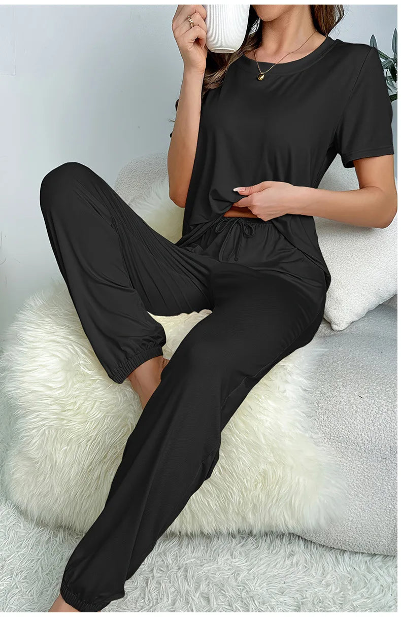 Women's Sleepwear Spring and Summer New Pajamas Women's Short-sleeved Trousers Set Classic Solid Color Casual Loungewear