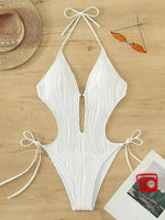 S - XXL Halter V Neck Wrinkled Female Swimwear One Piece Swimsuit Women Backless Monokini High Cut Bathing Suit Swim Beach Wear