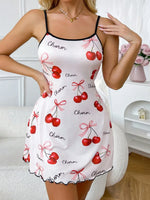 Valentine's Day Cherry Printed Slip Nightdress Women Sexy Sleepwear Straps Sleep Mini Dress Nighties Nightgown Loungewear