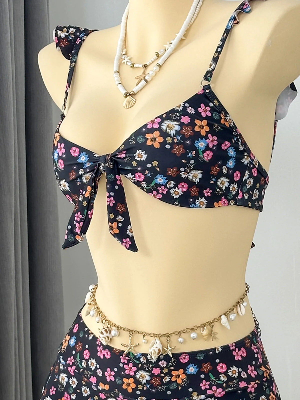 Sexy Navy Floral Print Bikinis Sets Women Front Tie Push Up Bra Holiday Swimsuit 2026 Bathing Suit Lace Ruffles Skirt Swimwear