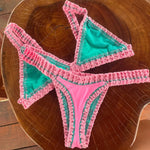 Pink Crochet Bikini 2025 Sexy Women Swimsuit Female Swimwear Micro Bikini Set Bandeau Swimming Suit Beachwear Brazilian Biquini