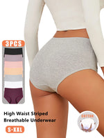 3Pcs women cotton High Waist underwear breathable Striped Panties Female Plus Size Solid Color Briefs comfortable Lingerie S-XXL