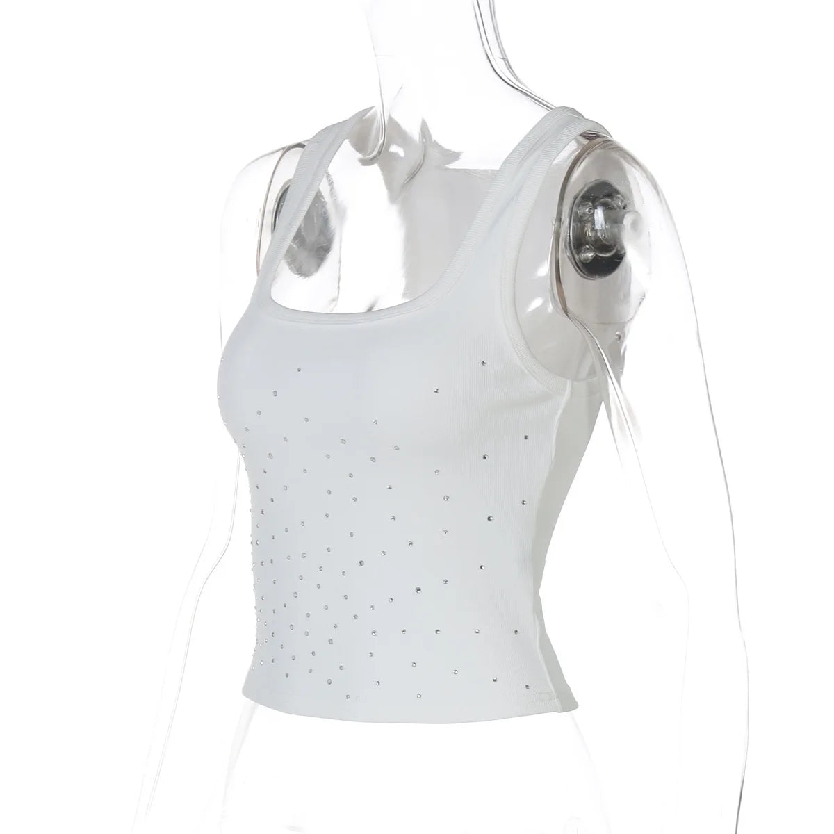 Woman Beading Rhinestones Tank Tops White Black Summer Sleeveless Corset T-shirt 2026 Casual Square Collar Crop Top Streetwear