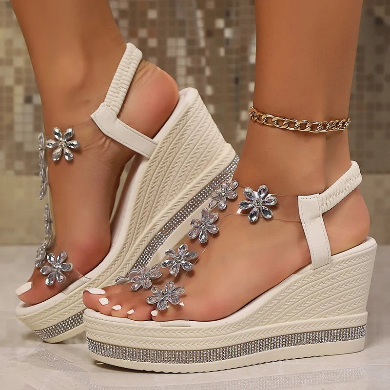 Rhinestone Flowers Wedges Sandals Women 2026 Luxury Crystals Chunky Platform Sandles Woman Clear Pvc Super High Heel Party Shoes