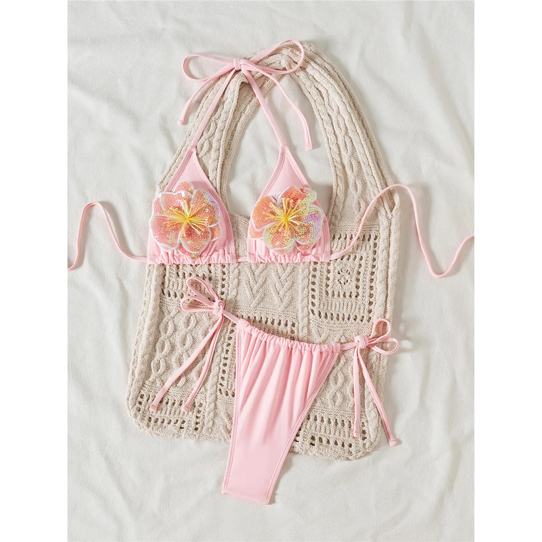 3D Flowers Halter High Leg Cut Thong Bikini Female Swimsuit Women Swimwear Two-Pieces Bikini Set Bather Bathing Suit Swim V6962