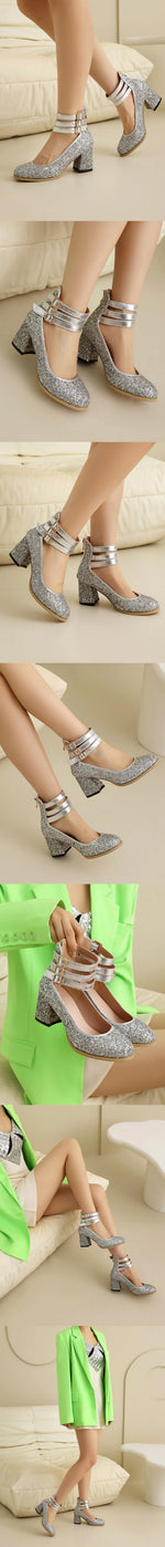 Big Size 48 Bling Sequined Silver Wedding Pumps Elegant Block High Heels Shoes Women Black Gold Glitter Ankle Strap Party Pumps