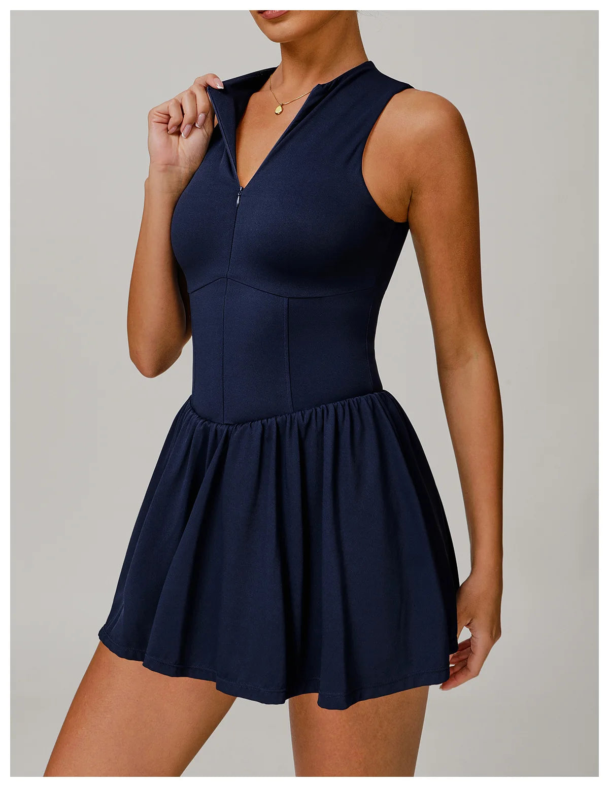 Women Front Zipper Tennis Dress Fake Two-piece Pieces Stand Up Collar Slim Fit Soft Sports Sets Fitness Pocket Skorts Yoga Suits