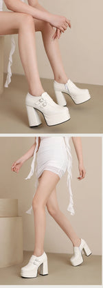 Plus Size Double Row Small Buckle Side Zipper Square Toe Double Layer Platform High Thick Heel Women's Pumps Shallow High Heels