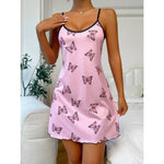Women Butterfly Print Spaghetti Strap Nightgown Sleeveless Slim Fit Sleep Dress Soft Breathable Summer Home Loungewear
