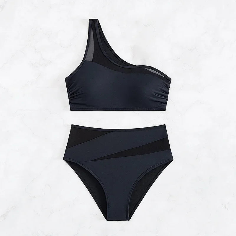 Sexy Black Bikini Women Swimsuit Two Piece Swimwear High Waisted Bikinis Set One Shoulder Bathing Suits Brazilian Biquini Mesh