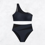 Sexy Black Bikini Women Swimsuit Two Piece Swimwear High Waisted Bikinis Set One Shoulder Bathing Suits Brazilian Biquini Mesh