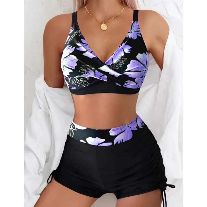 Women's Two-Piece Swimsuit Cross Strap Backless Bikini Floral Print Sports Fit Bodycon Polyester Fabric Swimming Water Sport