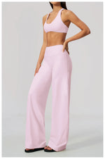 Summer 2 Piece Yoga Sets Women Tight Back Cross Sports Bra High Waist Peach Hip Wide Leg Pants Gym Running Fitness Workout Suits