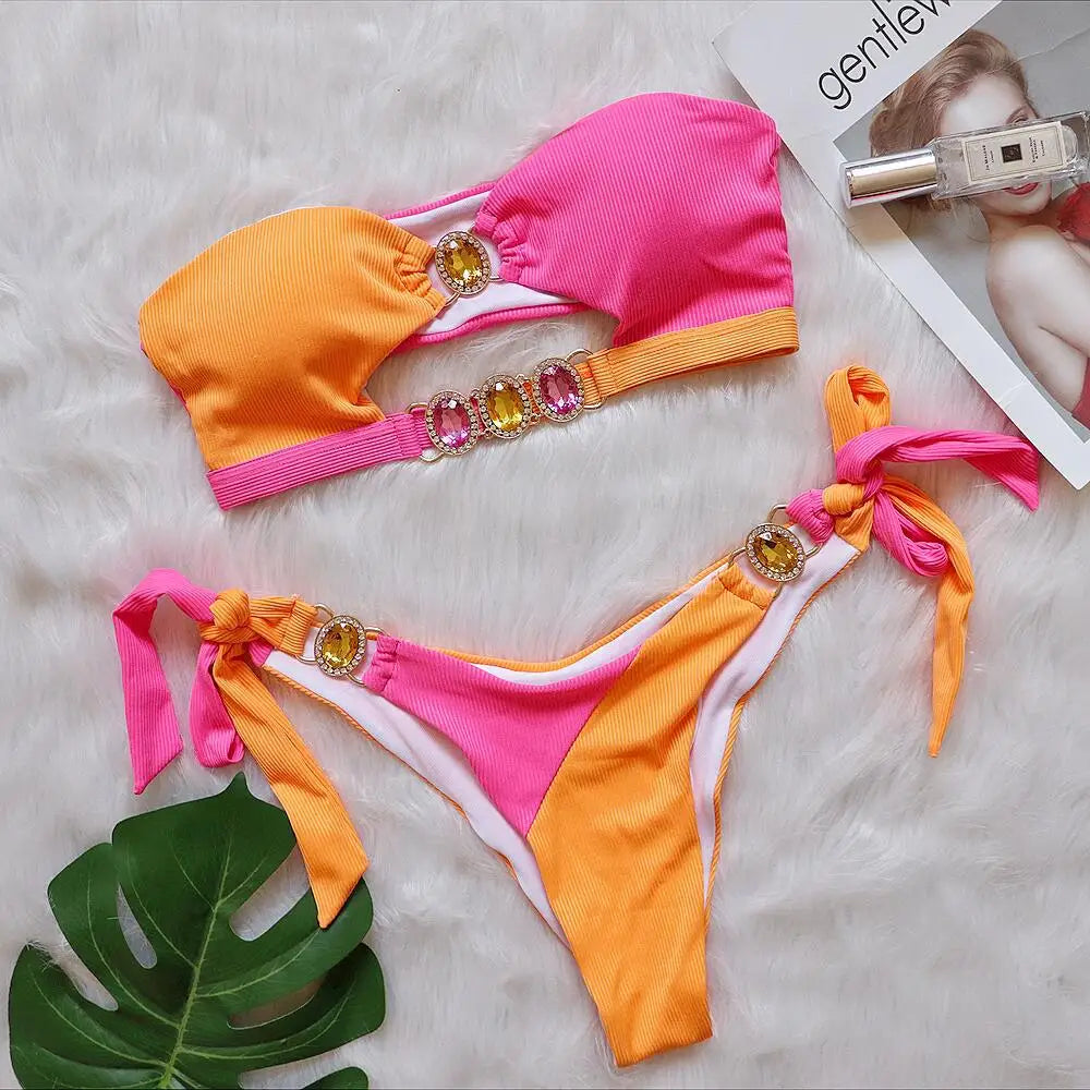 Luxuryt Bandeau Bikini 2025 Woman Sexy Orange Patchwork Cut Out Rhinestone Swimsuit Bathing Suit Thong Swimwear Traje De Baño