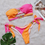Luxuryt Bandeau Bikini 2025 Woman Sexy Orange Patchwork Cut Out Rhinestone Swimsuit Bathing Suit Thong Swimwear Traje De Baño
