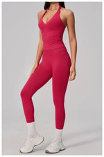 Summer Seamless Yoga Sets Women V Neck Slim Sports Tank Top Fitness Suit Peach Hip High Elasticity Leggings Running Tracksuit