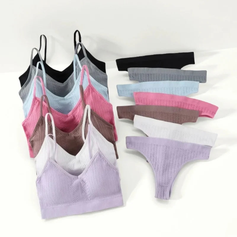 Women Seamless Bra Panties Set Push-Up Non-wire Bralette Low-Rise Briefs Sexy Lingerie Female Comfort Rib Sports Underwear Set