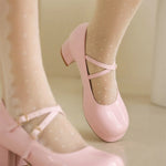 Big Size 30-48 Sweet Lolita Pink Mary Jane Shoes Women Round Toe Cross-Straps Platform White Block Heel Cute Dress Pumps