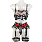 Toucheart 4-Piece Sexy Lingerie Set Women Embroidered Flower Straps Cross Hollow Out Mesh Patchwork Sexy Lace Up Bra Garters Set