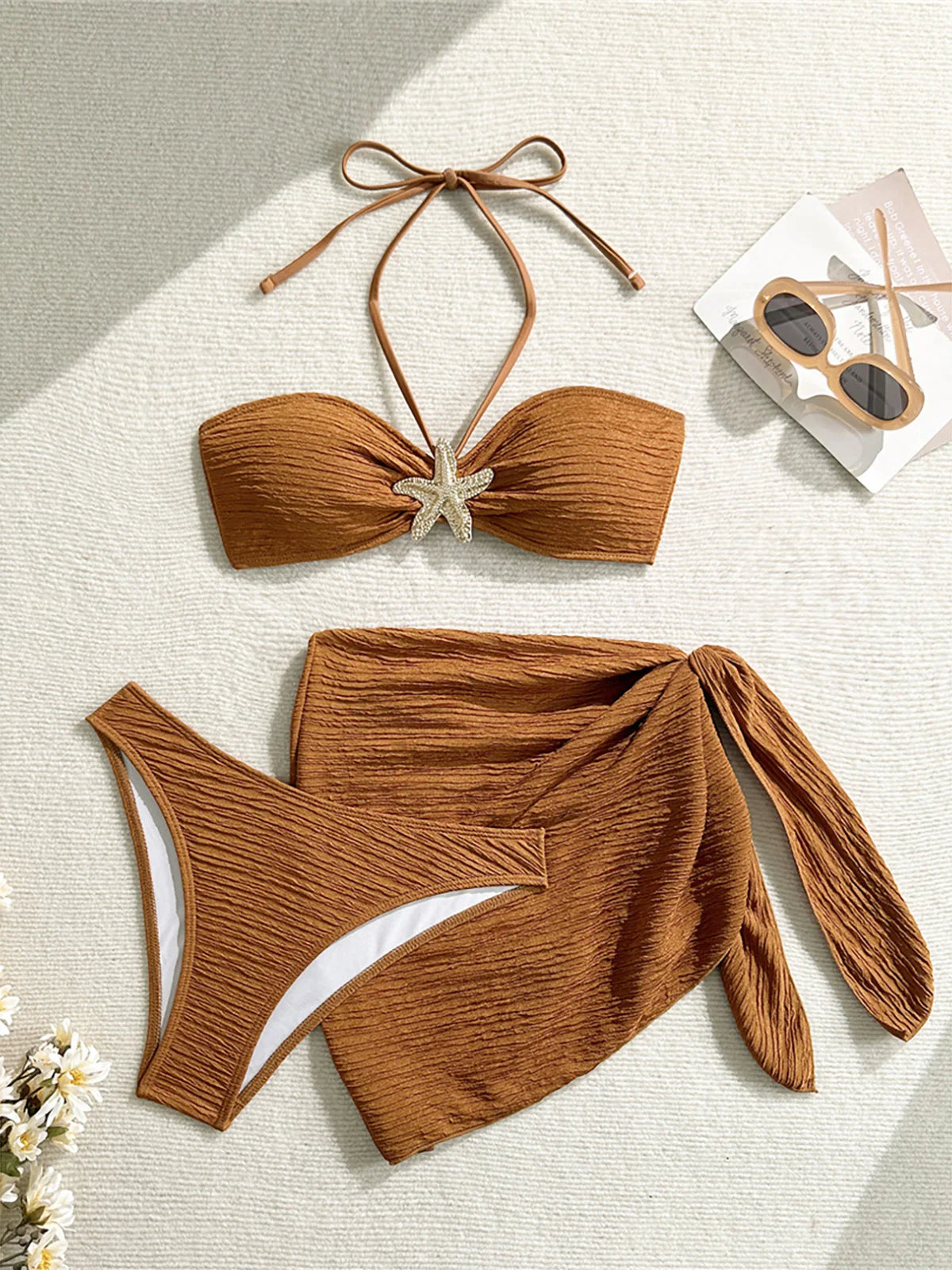 3PCS With Sarong Metal Star Halter Bikini Female Swimsuit Women Swimwear Three-Pieces Bikini Set Bather Bathing Suit Swim V7042