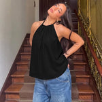 FDYOUI Women's Halter Off Shoulder Camisoles 2026 Summer Sexy Lace-up Backless Pink Tank Top Girls Loose Solid Tops Streetwear