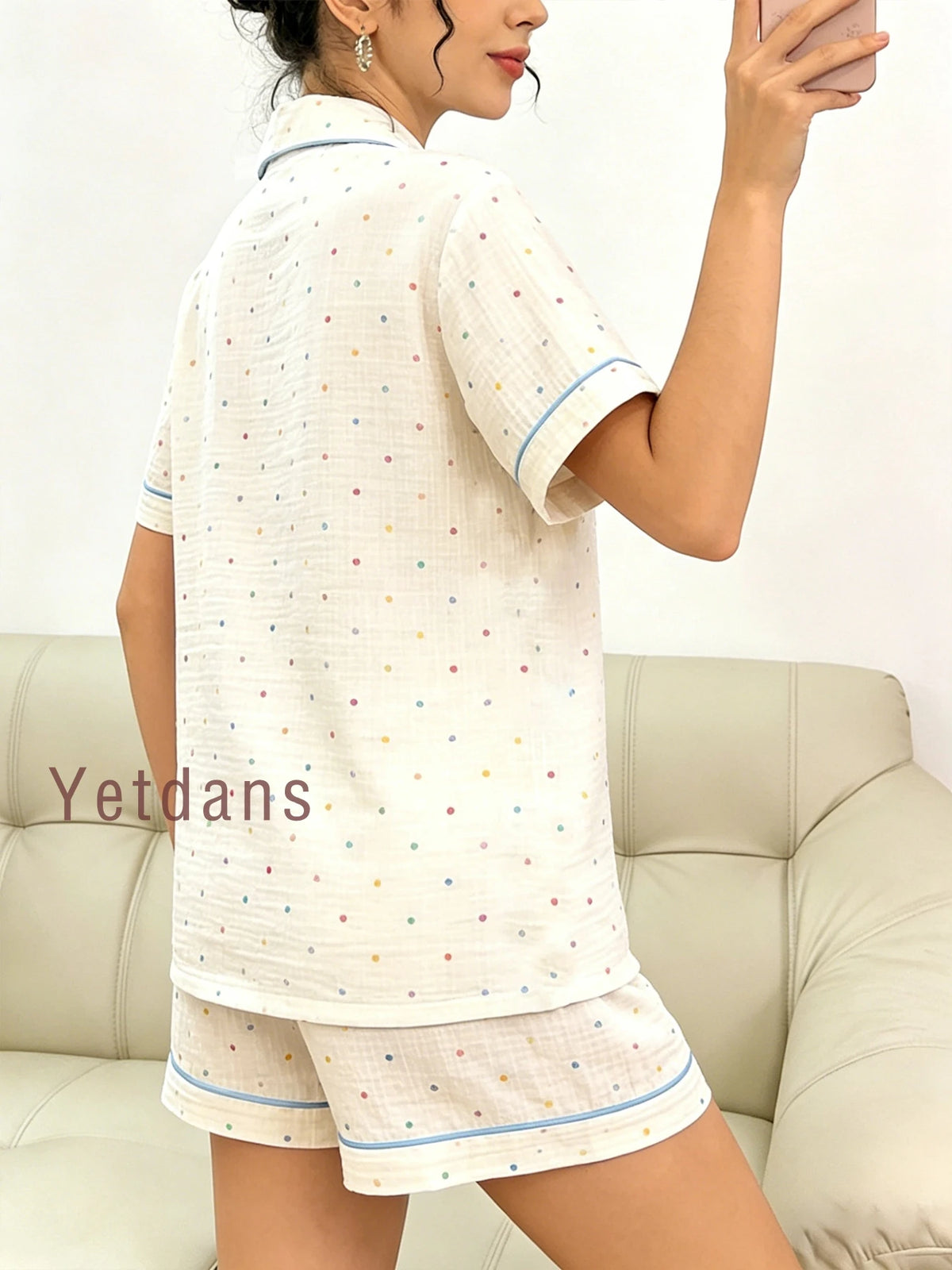 Women's Cotton Polka Dot Printed Pajama Set With Contrast Trim Button-Down Shirt & Shorts Homewear Summer Set Two Pieces Set Pj
