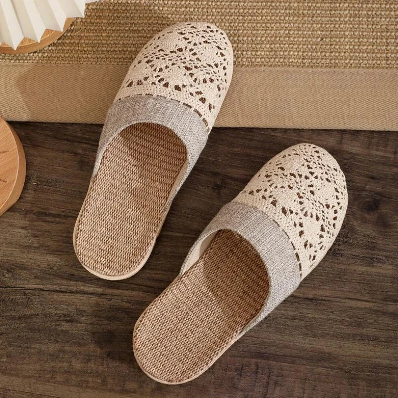 Women Indoor Linen Slippers 2025 Spring Summer Shoes Anti-slip Light Weight Breathable Lace Couples Home Floor Slides