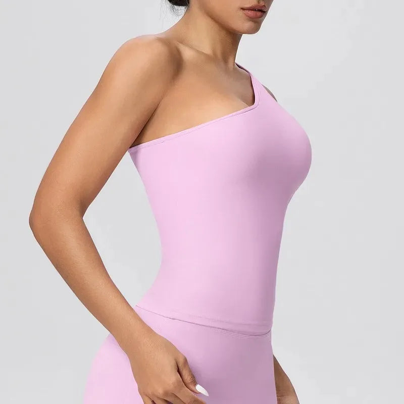 Women Seamless Cloud Feel One-Shoulder Waist-Cinching Yoga Vest Quick-Dry Slimming Sports Shaping Underwear Running Fitness Top