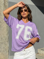 Womens Sporty Jersey Shirts Graphic Number Print Short Sleeve V Neck Loose Fit Tee Tops Summer Casual T-shirt Streetwear