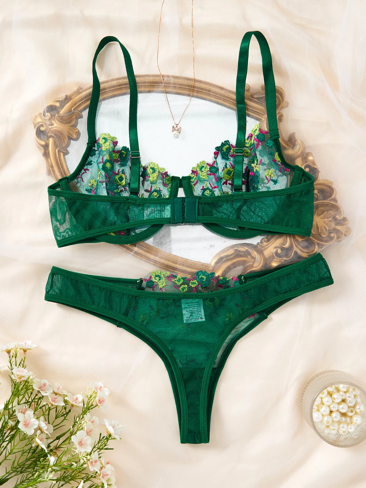 Green Floral Embroidery Lingerie Set Women Sheer Mesh Push Up Bra And Thong 2 Piece Sexy Transparent Lace Underwear ZA824026