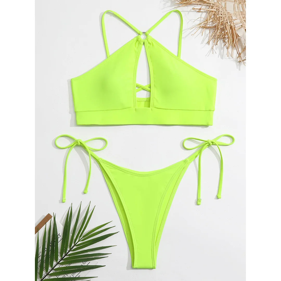 Cut Out Halter Bikini Female Swimsuit Women Swimwear Two-pieces Bikini set Padded Strappy Bather Bathing Suit Swim Lady V3423