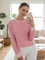 Spring Autumn Casual Loose Tops for Women Long Sleeve Round Neck Loose Fit Striped Print T-shirts