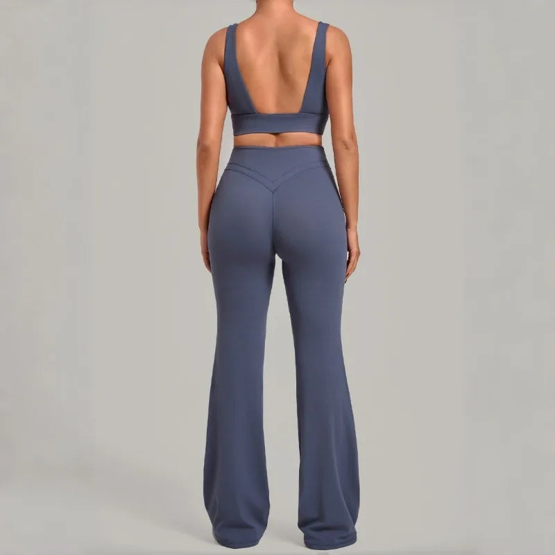Women's Seamless Yoga Sets Sports Fitness Hip-lifting High Waist Flared Pants Backless Bra Suits Training WorkoutLeggings Sets