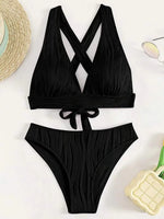 Wrinkled Crinkled Cross Back Bikini Women Swimwear Female Swimsuit Two-pieces Bikini Set High Cut Bathing Suit Swim Beach Wear