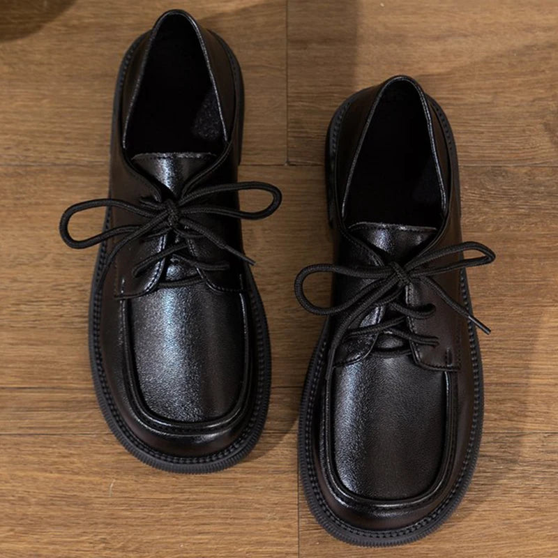 Fashion Faux Pu Leather Loafers Shoes Women 2025 Non Slip Black Lace Up Loafers Round Toe Platform Casual Shoes Female