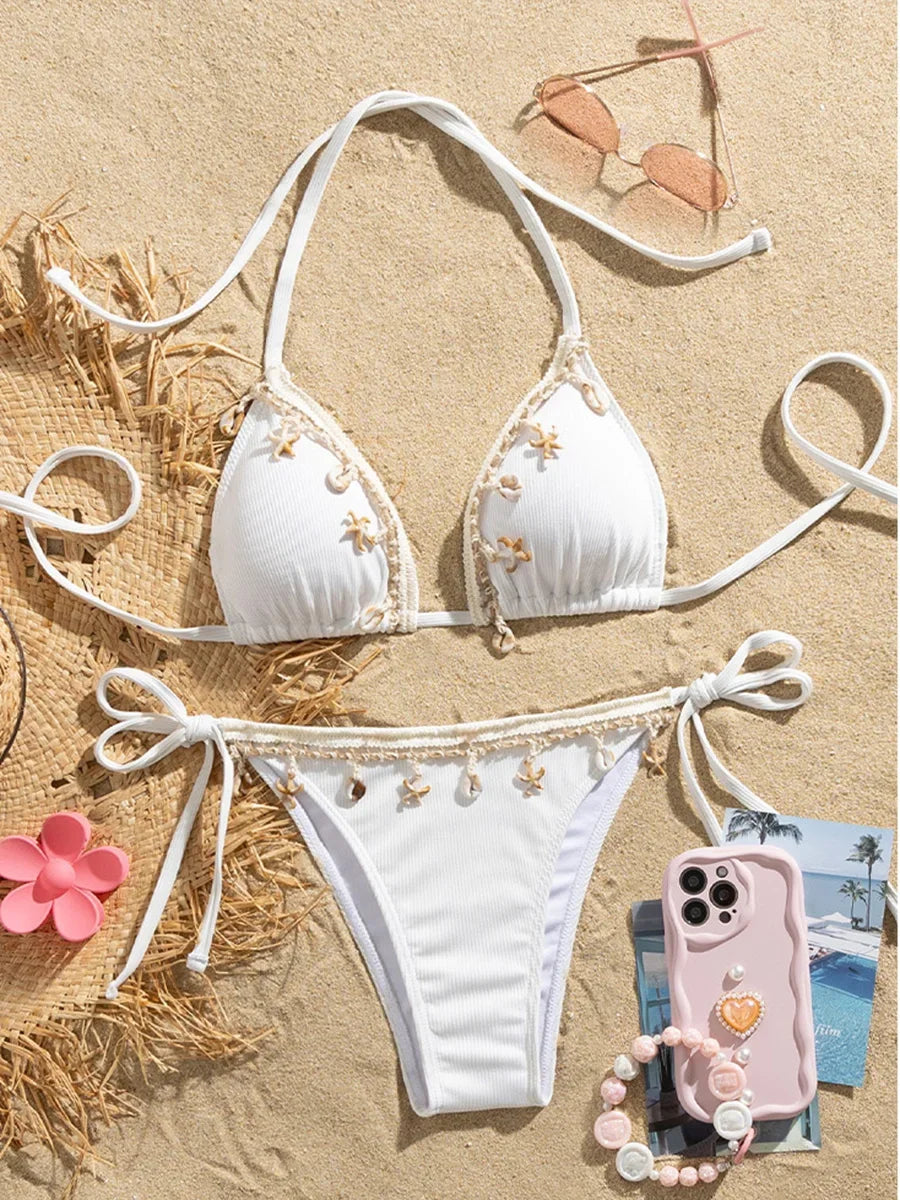 Shell Decoration Halter String Strappy Bikini Women Swimwear Female Swimsuit Two-pieces Bikini Set Ribbed Bathing Suit Swim Lady