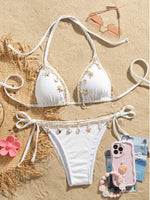 Shell Decoration Halter String Strappy Bikini Women Swimwear Female Swimsuit Two-pieces Bikini Set Ribbed Bathing Suit Swim Lady