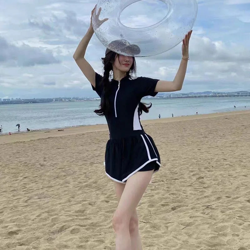 New Women's Swimsuit, One-piece Coverage Slimming EffectConservative Sports Style Hot Spring Flat Leg Pants Swimsuit Plus Size