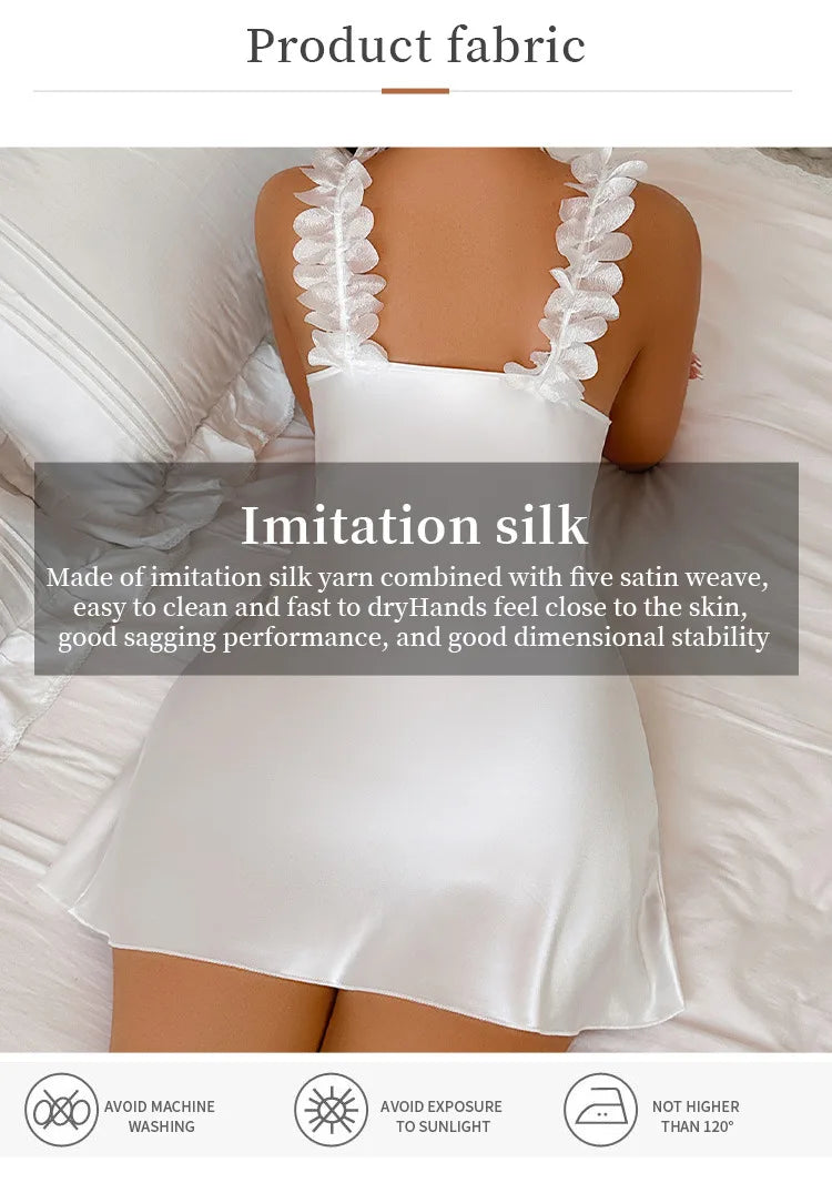 Summer Contrast Sensual Ice Silk Satin Nightdress for Women Deep V Backless Split Slip Nightgown Sleep Dress Pajamas