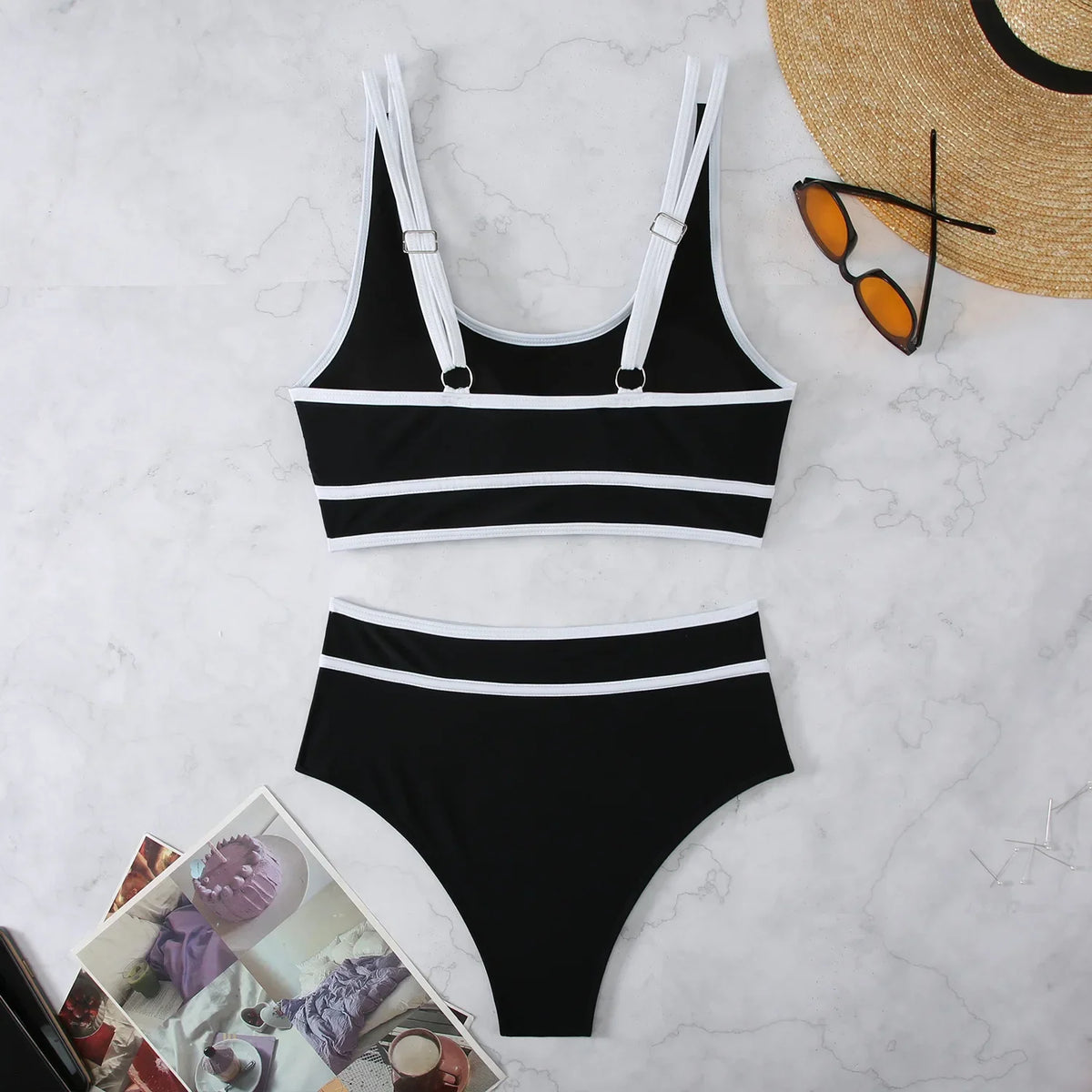 Women's High Waisted Bikini Sets 2026 Sporty Two Piece Swimsuits Color Block Cheeky High Cut Bathing Suits Summer Biquini Black