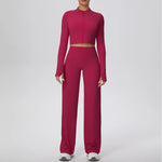 2 Pcs Women's Seamless Yoga Set Long-sleeved Wide-leg Pants Tracksuit Fitness Sports Set High-waisted Hip-lifting Slim-fit Suit